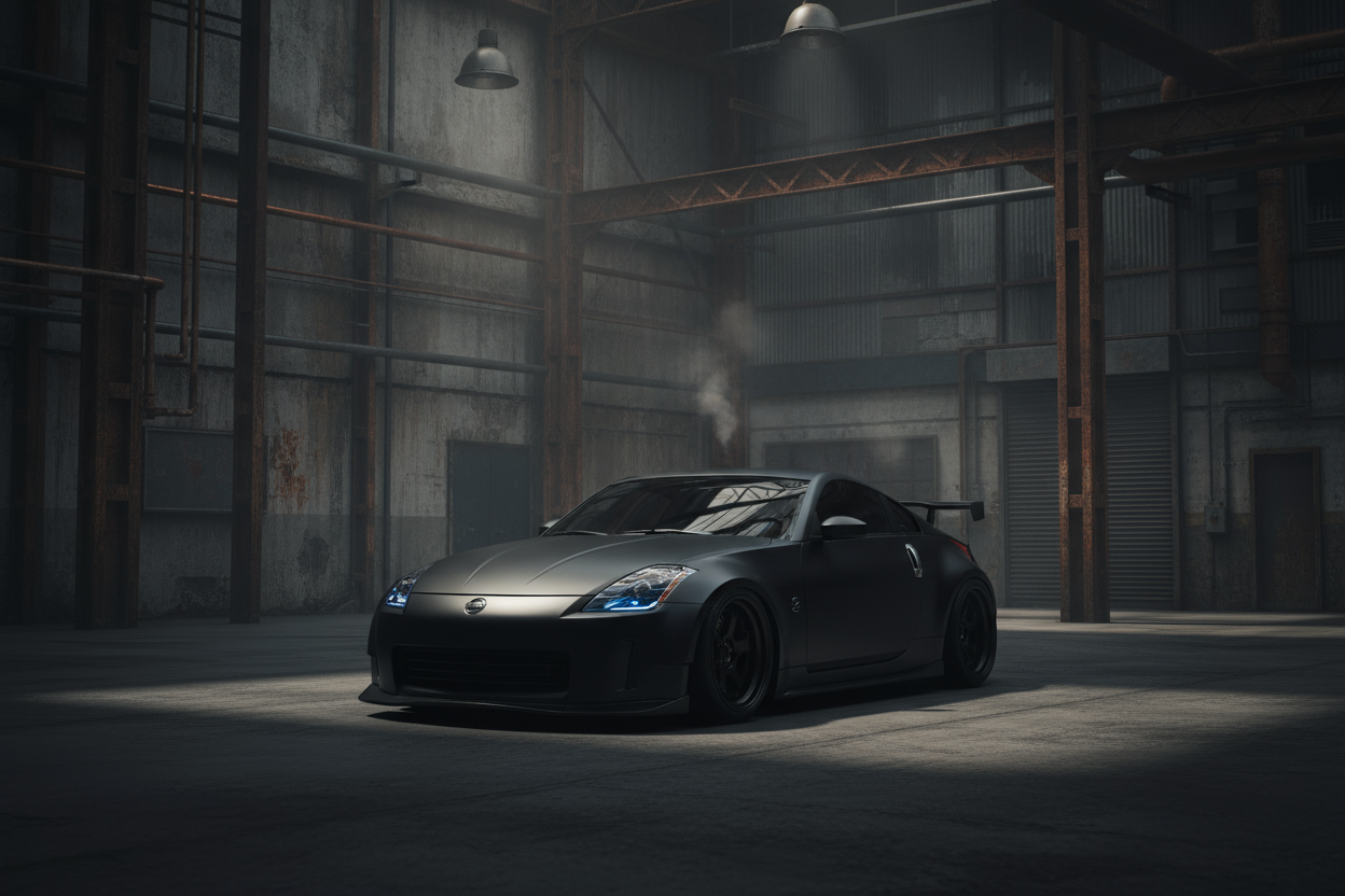instrial background with a nissan 350z in front looking stealthy